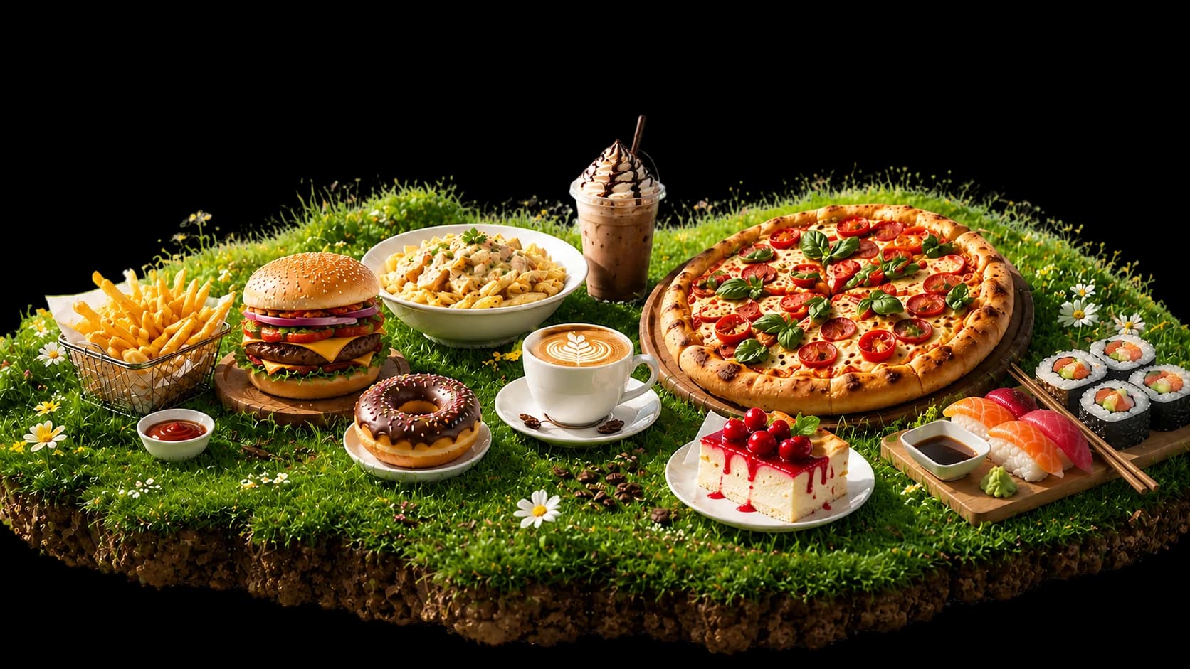 A cinematic floating island of food on grass